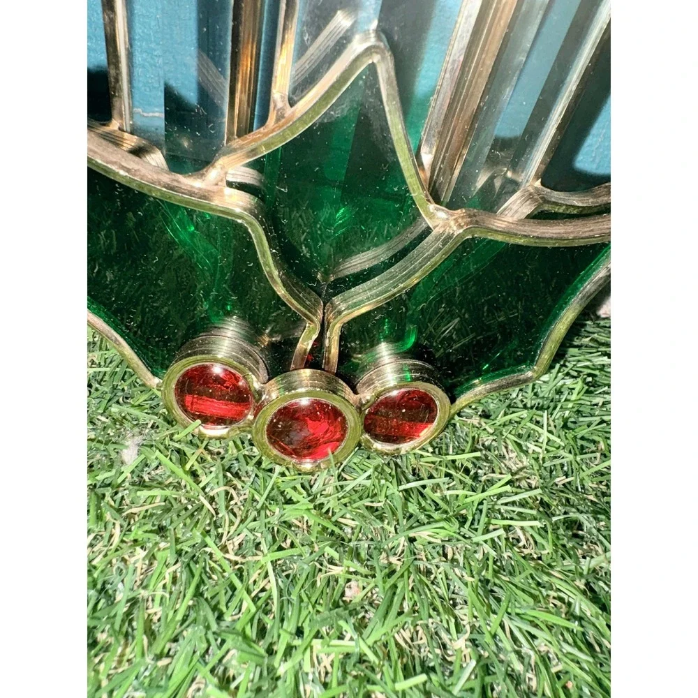 Vintage Stained Glass Christmas Holly Candle Holder Green Red Gold Holiday Decor